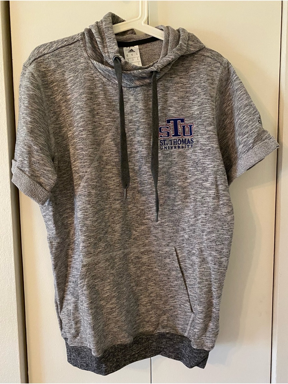 adidas Gray Short-Sleeve Hoodie with St. Thomas University Embroidered Logo